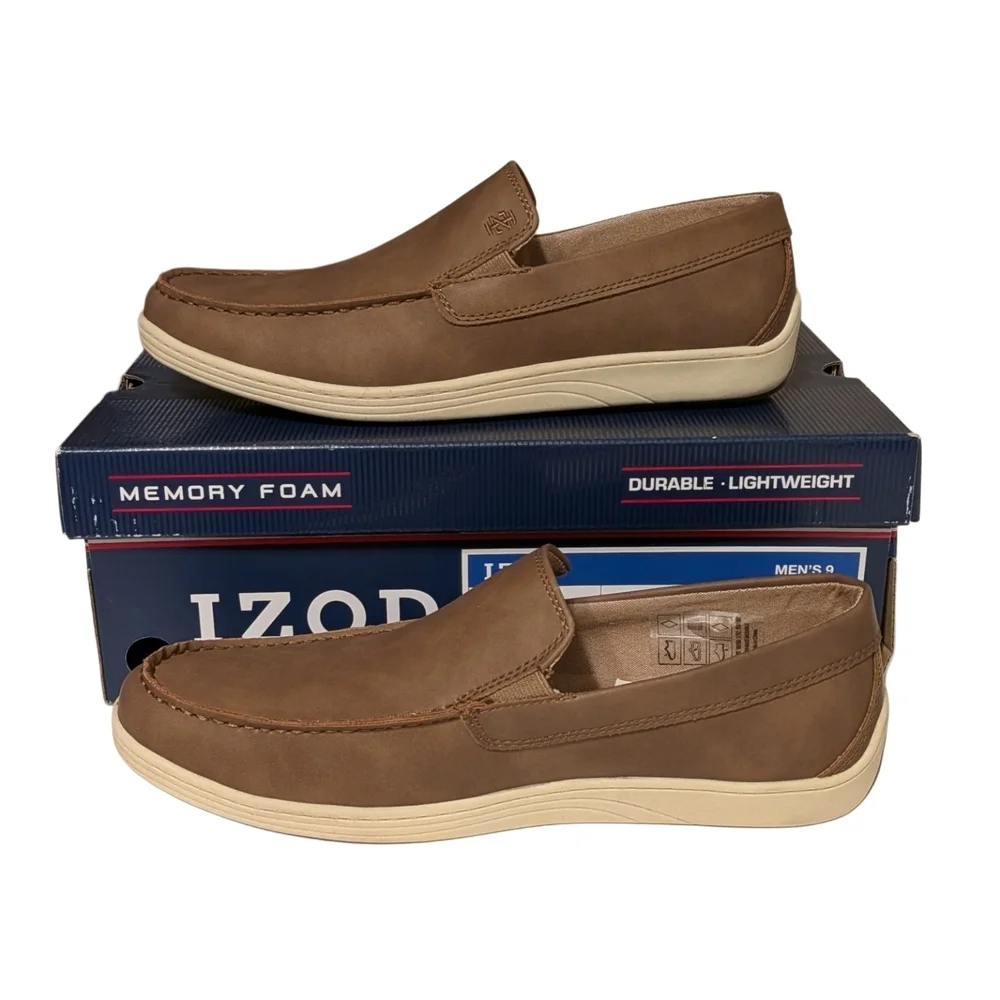 IZOD Seapoint Tan Slip On Loafers Mens Size 9 Memory Foam Casual Moc Toe Shoes